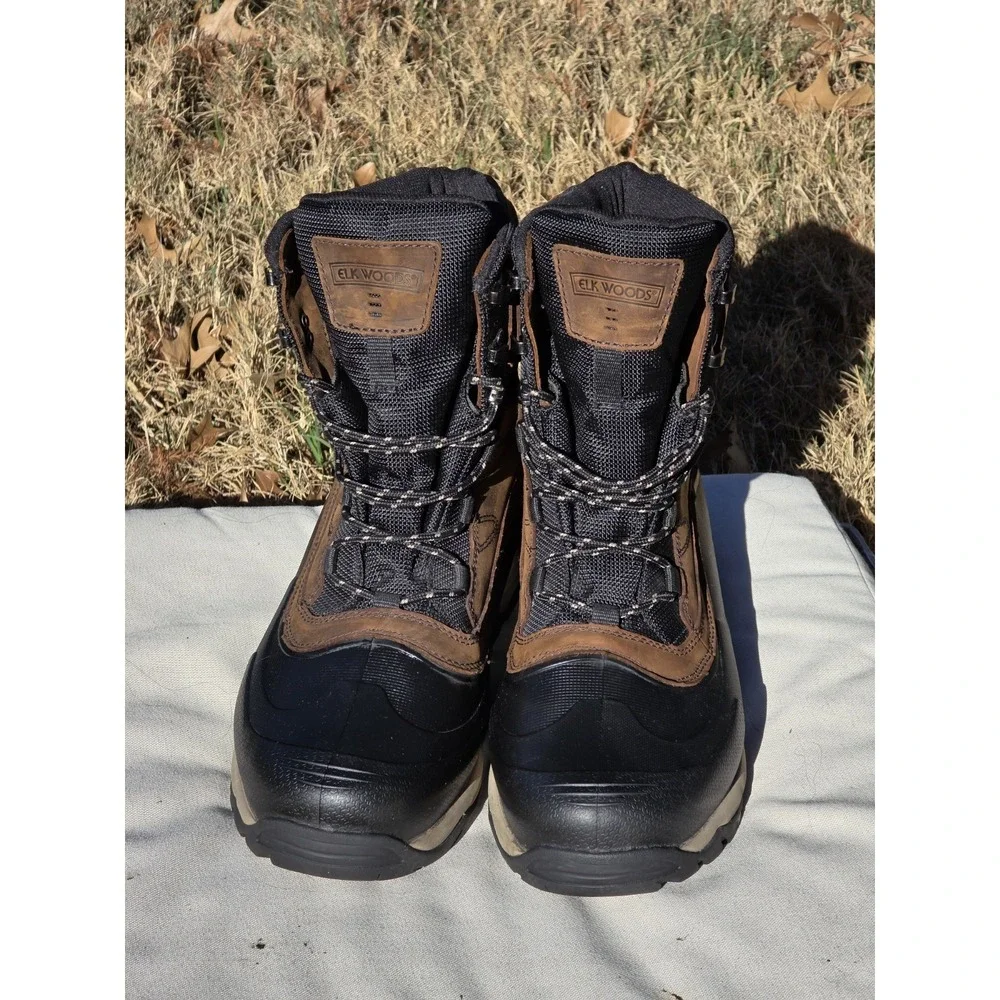 Elk Woods Mens Brown Leather Black Rubber Winter Hunting Boots Lace Up High Top